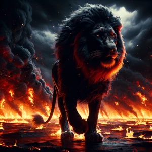 A colossal Black Lion, fur rippling with obsidian-like sheen, ve...