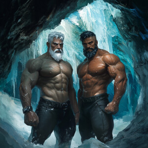 Two bodybuilders, one with gray hair and the other with black ha...