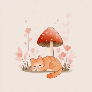 Orange cat stretching under mushroom, kawaii style, pastel color...