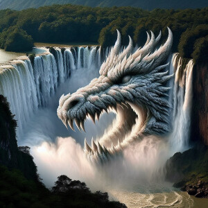 A large waterfall, water droplets look like a dragon’s face emer...