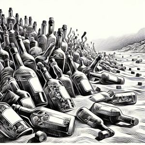 Glass bottles of various alcoholic beverages randomly lying arou...