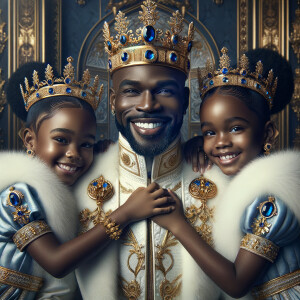 Imagine a regal portrait of an African American king with a warm and inviting smile, adorned in a majestic white and gold-trimmed robe, embellished with sapphire, blue  sapphire, jewels. His head is crowned with a stately gold crown, studded with matching jewels. He is holding two young princesses, one in each arm, who are his spitting image, with joyful expressions and wearing blue and gold dresses that complement his attire, complete with mini crowns and fluffy white fur at the collars and wrists. They are all in front of a luxurious backdrop, suggesting a palatial setting.