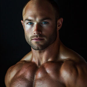 Create a dramatic muscular body portrait image of a 27 year old...