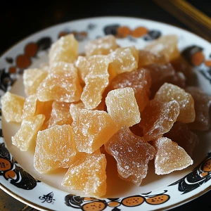 a plate filled with pieces of candied or crystallized ginger. The ginger pieces are irregularly shaped and have a translucent, glossy appearance, indicating they have been coated in sugar syrup. The plate itself is white with decorative orange and black floral patterns along the edges. The background appears to be a dark surface, possibly a table or countertop.

Ask
Explain