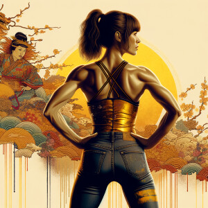 Athletic Thin skinny Attractive, Asian teenage girl, long brown hair and bangs, wearing tight skinny jeans and a halter top paint marks on her clothing, heroic pose Asian graffiti background, backside view