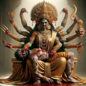 portrait of angry looking, four-armed indian goddess sitting on...