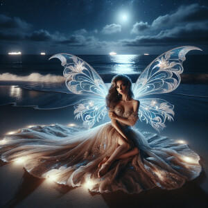 fairy like lady, glowing wings, in gown, beautiful beach night
