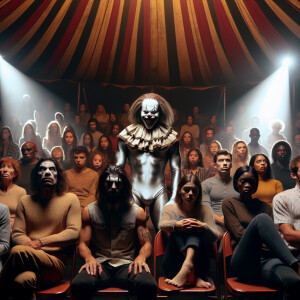 People tied to their chairs stare in horror at the scary clown w...