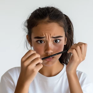 A teenage girl with dark hair, pulled up in a ponytail, applying...