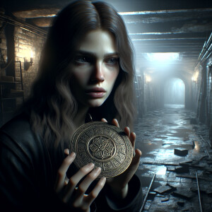 The girl stands in a dark gloomy old basement and holds a medall...