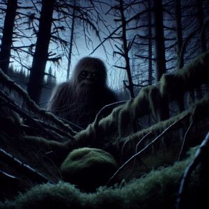Sasquatch peering from a dark forrest.