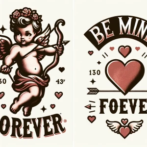 "A retro-style design featuring a cupid with a bow and arrow sur...