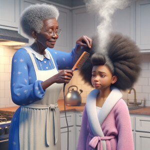 Create a realistic 3-D image of an african-American grandmother wearing a blue house dress and a white apron . She is in the kitchen with her african-American granddaughter. Her granddaughter is wearing a pink bath robe. The grandmother has a hot comb in her hand and she is straightening her granddaughters hair. One side of her granddaughters hair is in  a Afro the other straight 
There is smoke coming from the hot comb
The granddaughter is making a face