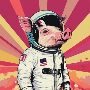 Cute cartoon pig in vintage white spacesuit and NASA style helme...