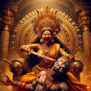 portrait of angry looking goddess durga sitting on a gold crown...