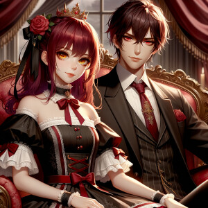 Lilith as a girl with elegant gothic lolita dress sit on the lap of handsome lucifer, the girl has red hair and golden eyes, thrones, black and red elegant luxury background, handsome lucifer smirk