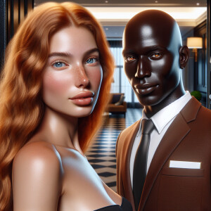 A photorealistic image. A long ginger haired female checking int...