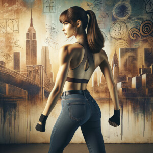 Athletic Thin skinny Attractive, Asian teenage girl, long brown hair and bangs, wearing tight skinny jeans and a halter top paint marks on her clothing, heroic pose Asian graffiti background,  backside view