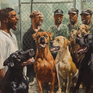A group of dogs vocally responding to an African-American indivi...