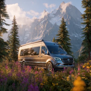ultra photo realistic, 128K, modern luxury RV van, parked at sce...