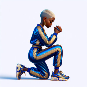 Create a 3D illustration of a realistic light skinned African-American woman is on her knees Praying, she has a pixie cut hairdo, she has on a blue and gold jumpsuit with blue and gold Nikes. The background is a Facebook cover.