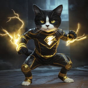 An anthropomorphic tuxedo cat dressed in a fitted flash costume,...