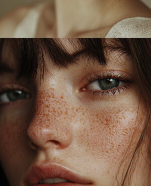 Photorealistic portrait of a young woman with freckles, soft nat...