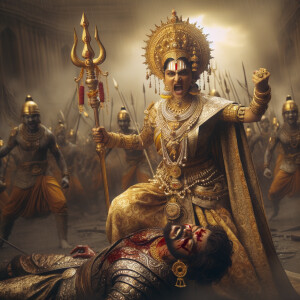 portrait of angry looking, indian goddess trampling a defeated m...