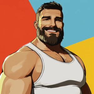 White muscular thin man with beard, big chin, smile and cheekbon...