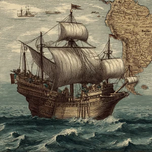 A vessel from the 1400s ship in the ocean same colors add the te...