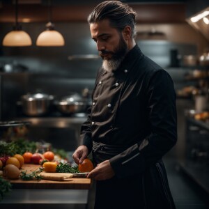 Design a chef dress with black coat and harness belt bag chef ha...