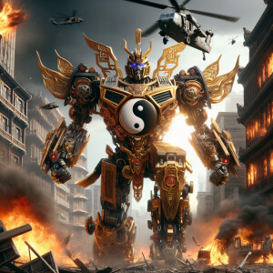 China as a transformer character, adorned with yin yang, golden...