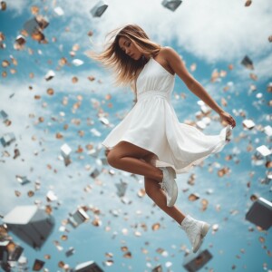 Falling girl in white mini dress