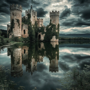 A serene lake beside an ancient castle with stone towers and ivy...