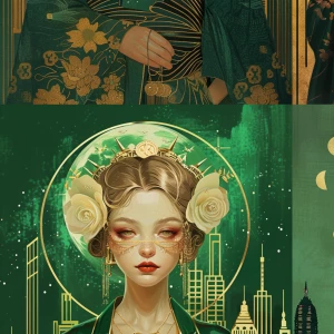 portrait of a celestial Art Deco heroine, emerald green and gold...