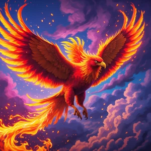 A majestic and vibrant phoenix in mid-flight, its wings spread w...