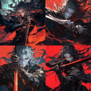 long hair, white face, handsome, red eyes, menacing appearance,...