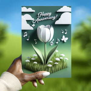 3D image of a white tulip that has words on it that read HAPPY A...