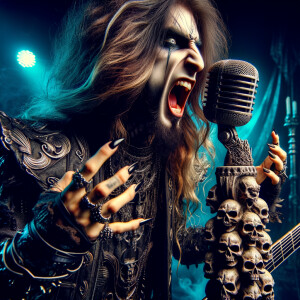 Heavy metal guitarist screaming into a microphone made of skulls