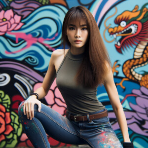 Very thin Athletic Thin skinny Attractive, Asian teenage girl, long brown hair and bangs, wearing tight skinny jeans and a halter top paint marks on her clothing, sitting side view heroic pose Asian graffiti