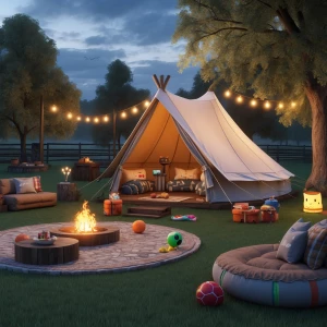 Outdoor boys' glamping birthday sleepover party featuring a 12 p...