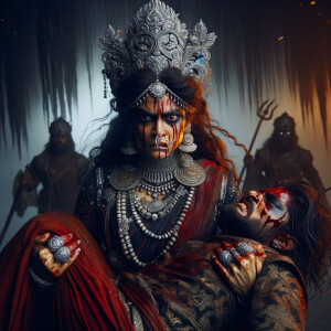 portrait of angry looking, gorgeous goddess durga cosplayer carrying a weak mahishasur in her two arms. She is wearing a huge silver crown, red saree, abundant silver jewelry, covered in blood. The scene is set in ancient India. The image is 8K resolution, cinematic, ultra detailed face and epic.