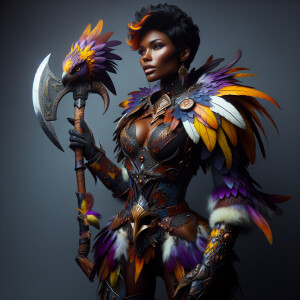 A beautiful huntress from the “Monster Hunter” series with dark...