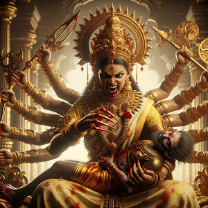 portrait of angry looking, four-armed indian goddess sitting on...