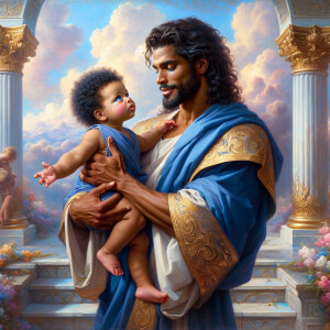 Classical oil painting style depicting an African-American Jesus...