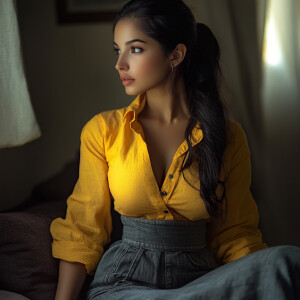 Capture the elegance of a fair-skinned woman with dark long hair...