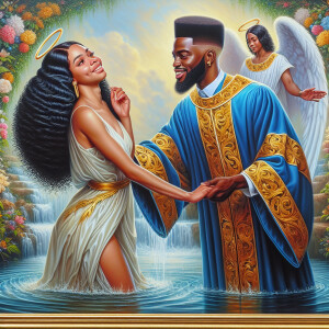 An oil painting depicting a light-skinned African-American pasto...