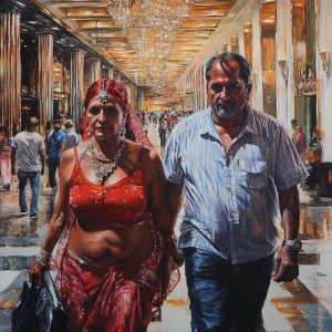 Realism art HD.A sweaty  man walking with his mother in law with...