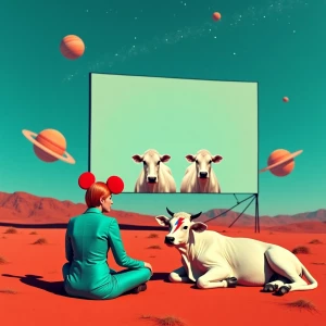 **Surreal cinematic pop-art scene on Mars:** A woman in a crisp,...