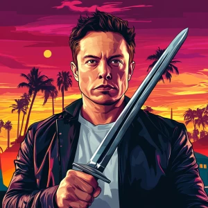 Elon Musk in GTA art style, Hold a sword, in the style of a Gra...